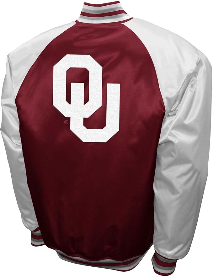 Oklahoma Sooners Crimson Satin Varsity Fan Jacket – Men’s Full-Snap “The Game” Style