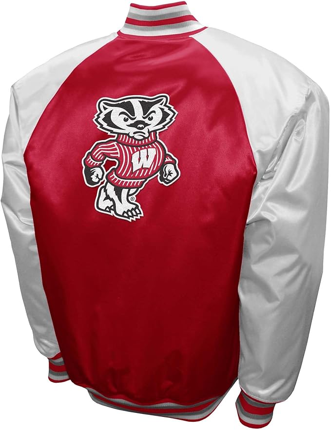 Wisconsin Badgers Red Satin Varsity Fan Jacket – Men’s Full-Snap “The Game” Style
