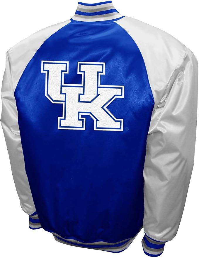 Kentucky Wildcats Blue & White Satin Varsity Fan Jacket – Men’s Full-Snap “Power” Style