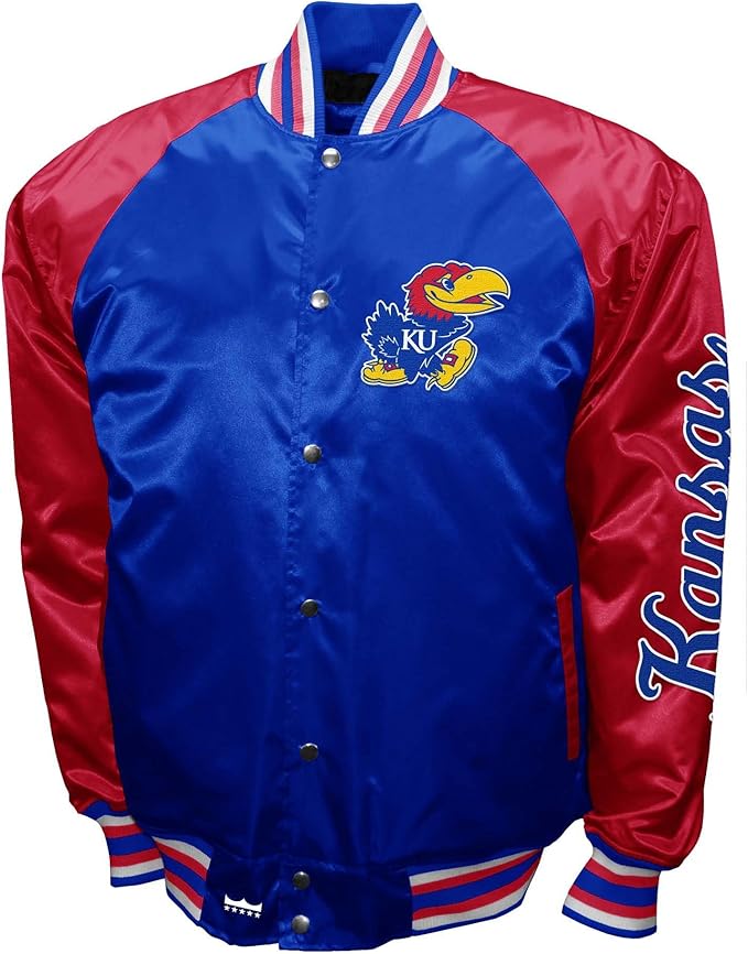 Kansas Jayhawks Royal Satin Varsity Fan Jacket – Men’s Full-Snap “The Game” Style