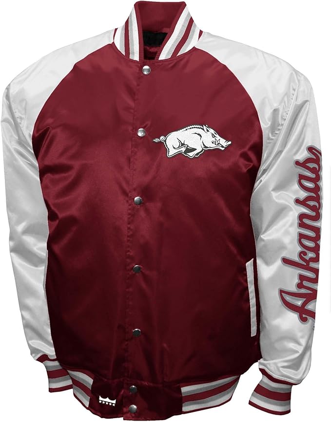 Arkansas Razorbacks Cardinal Satin Varsity Fan Jacket – Men’s Full-Snap “The Game” Style