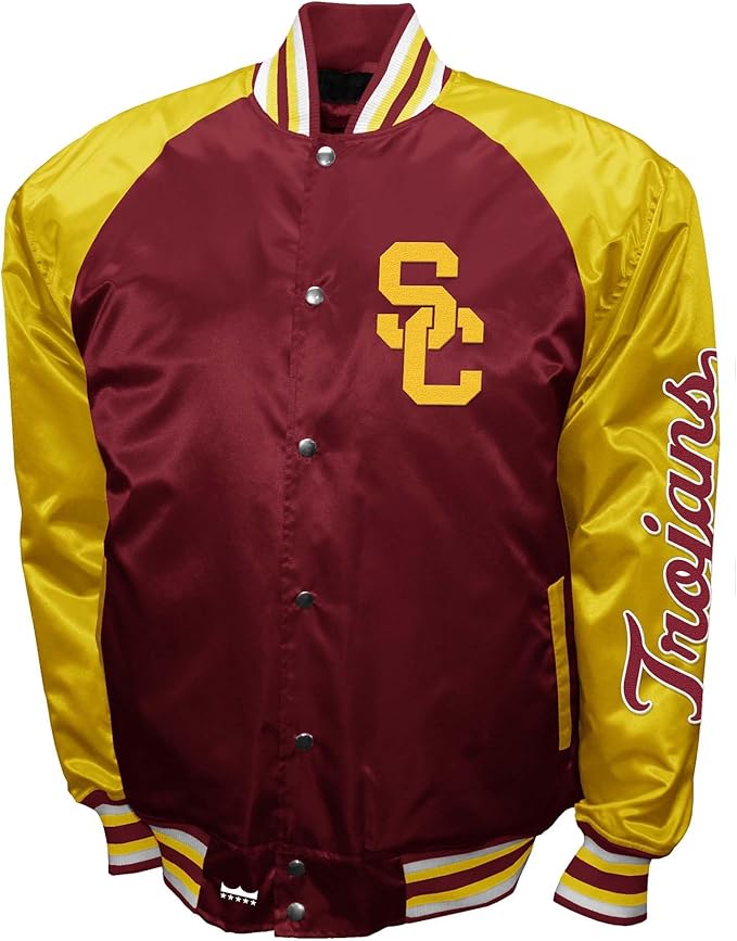 USC Trojans Cardinal Satin Varsity Fan Jacket – Men’s Full-Snap “The Game” Style