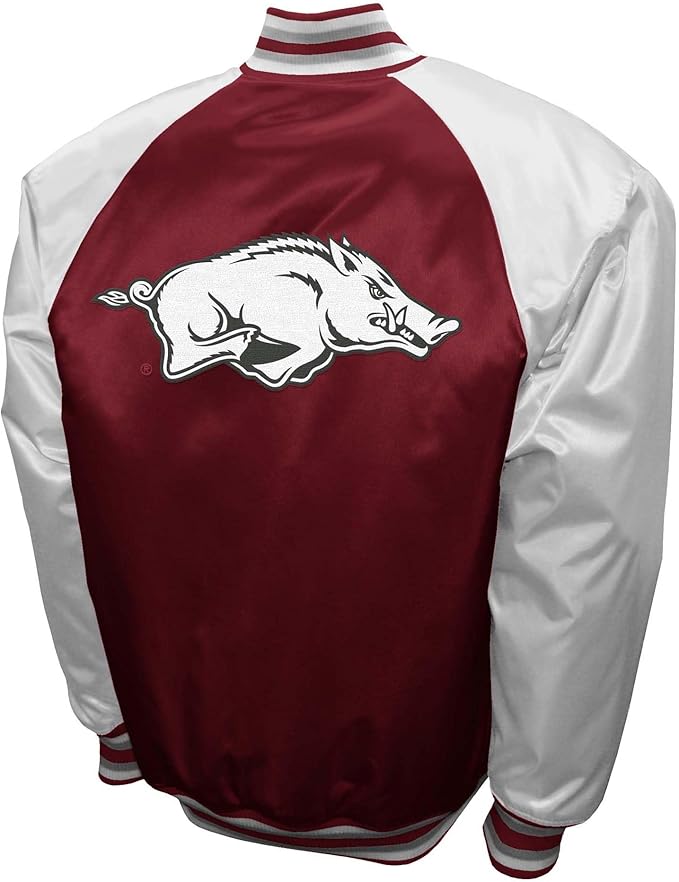 Arkansas Razorbacks Cardinal Satin Varsity Fan Jacket – Men’s Full-Snap “The Game” Style