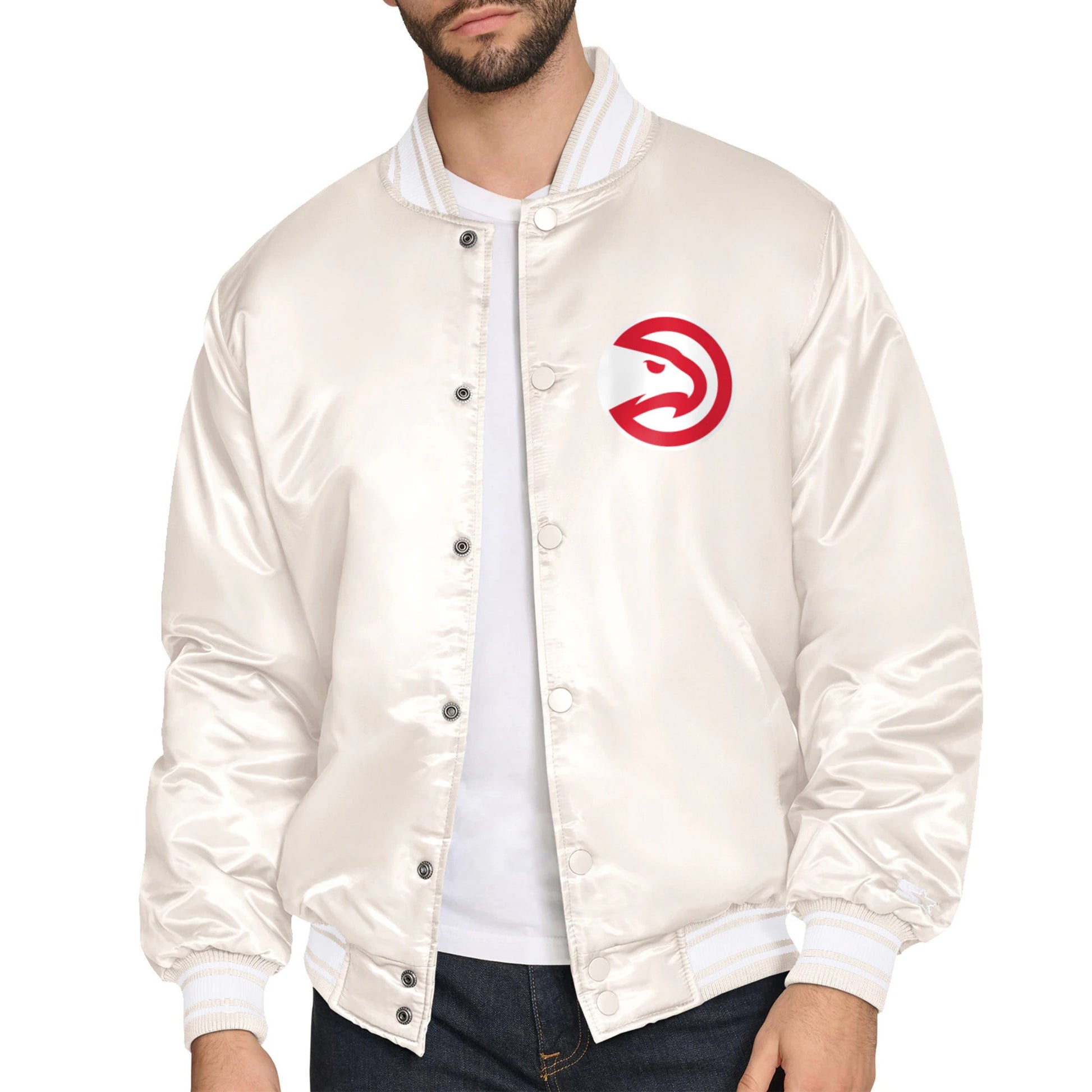 Atlanta Hawks Starter Double Team Satin Jacket Men’s Cream Varsity Full Snap