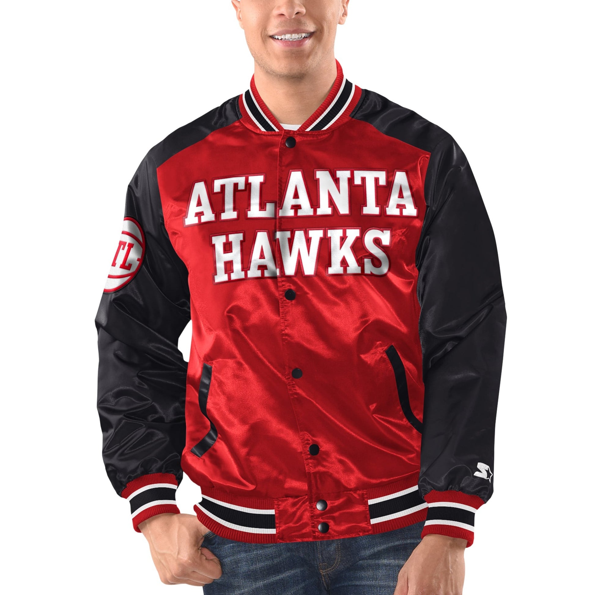 Atlanta Hawks Starter Renegade Satin Varsity Jacket – Men’s Red/Black Full Snap