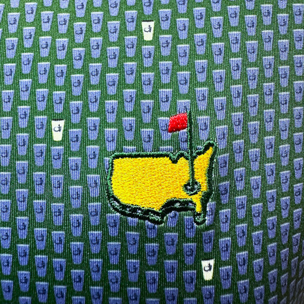 Masters Peter Millar Tech Evergreen with Blue Plastic Cups Pattern Performance Polo Golf Shirt