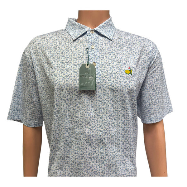2025 Masters Tech Golf Polo – White with Blue Outline Map Logo Pattern