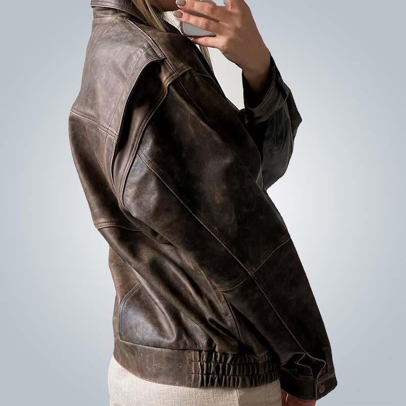 1980s Oversized Retro Distressed Brown Vintage Real Leather Jacket Women’s Streetwear Loose Fit Boxy Leather Jacket, Gift For her