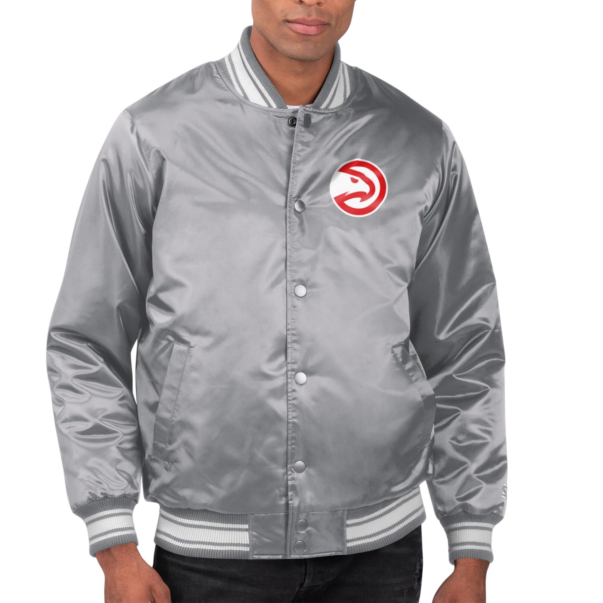 Atlanta Hawks Men’s Starter Gray Printed Team Name Satin Varsity Jacket