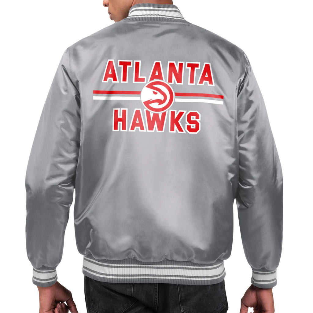 Atlanta Hawks Men’s Starter Gray Printed Team Name Satin Varsity Jacket