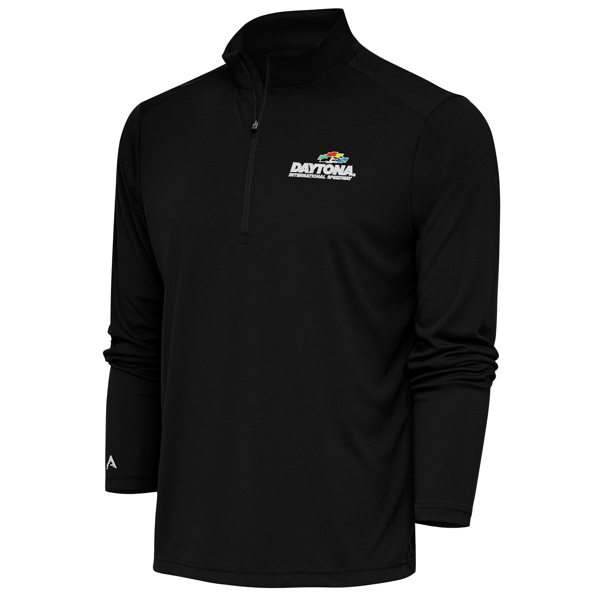 Men's Daytona International Speedway Antigua Black Tribute Quarter-Zip Pullover Top