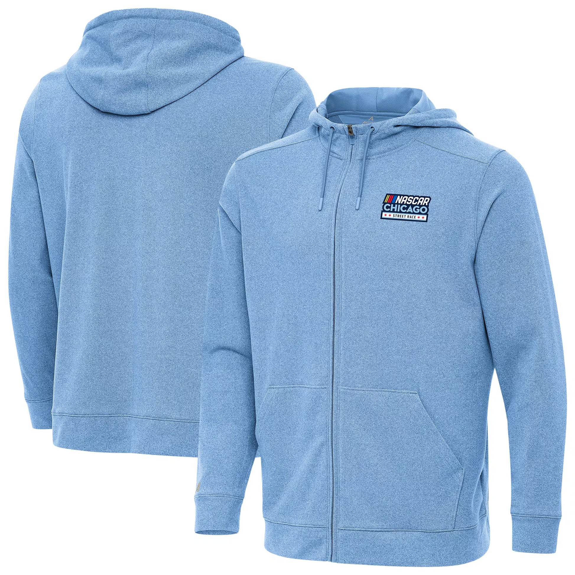 Men's NASCAR Chicago Street Race Antigua Heather Powder Blue Effortless Full-Zip Hoodie Jacket