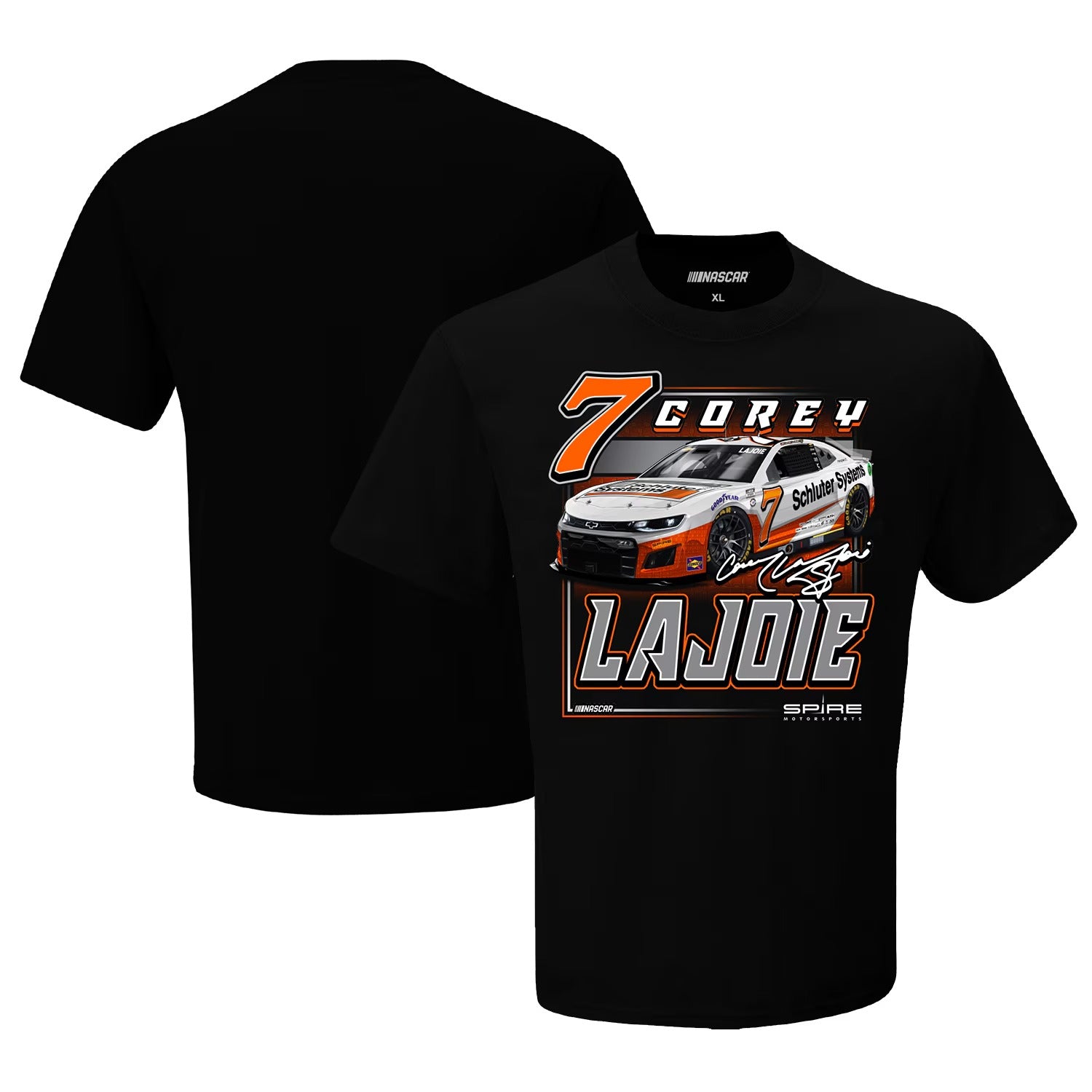 Men's Corey LaJoie Checkered Flag Black Schluter Systems Car T-Shirt
