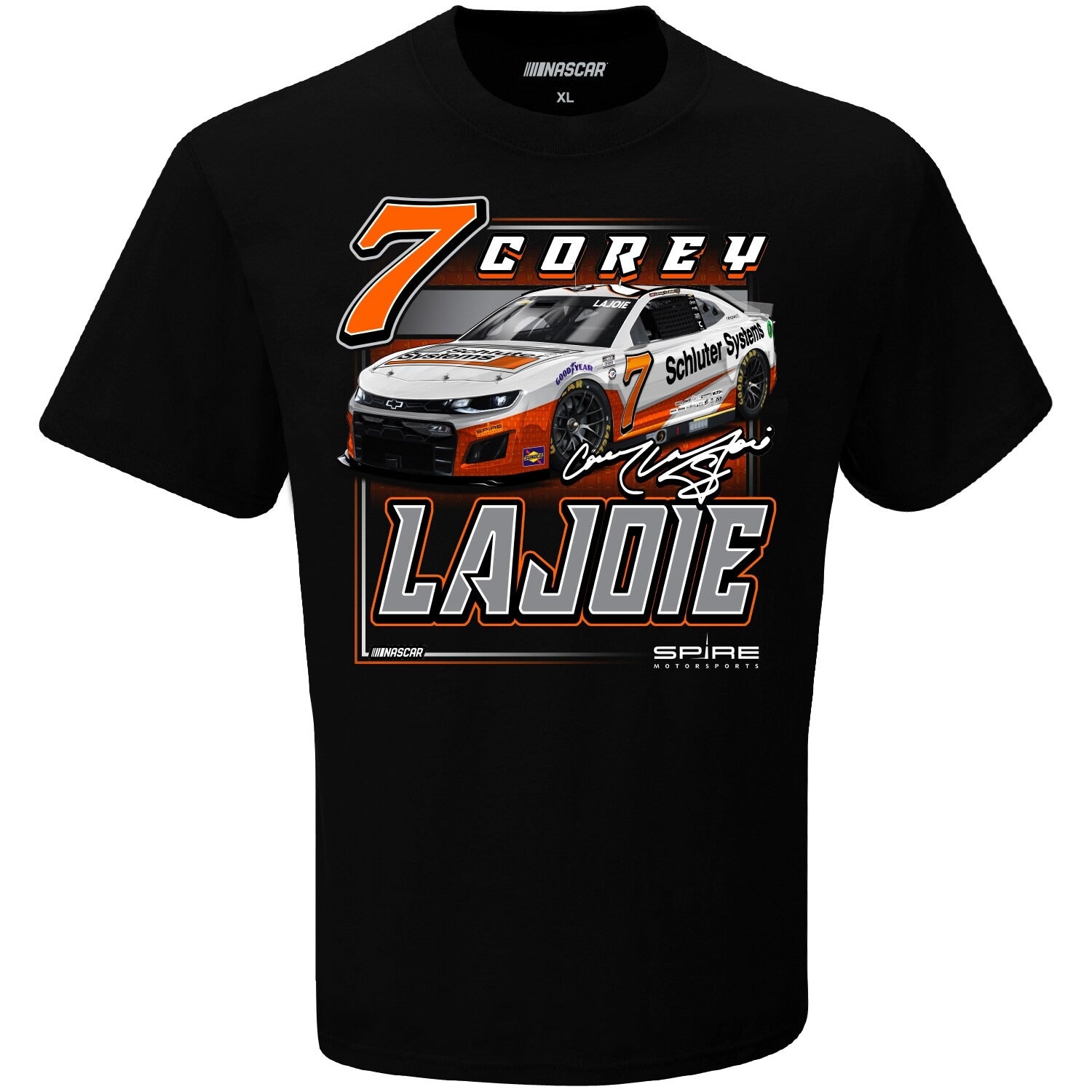 Men's Corey LaJoie Checkered Flag Black Schluter Systems Car T-Shirt