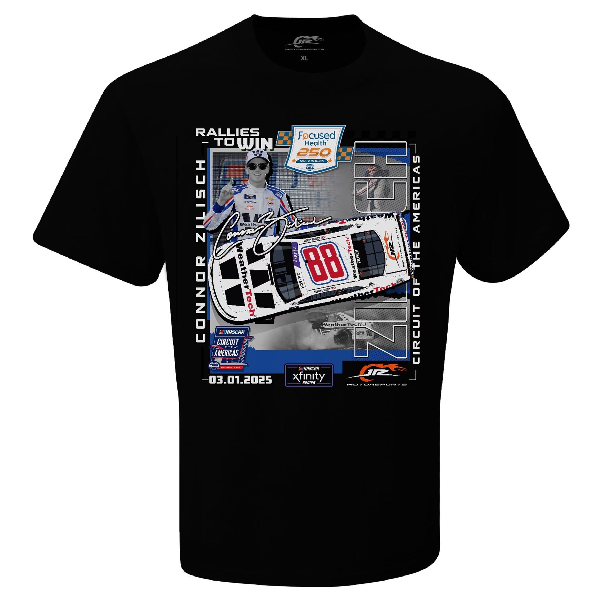 Men's Connor Zilisch Checkered Flag Sports Black 2025 Focused Health 250 Race Winner T-Shirt