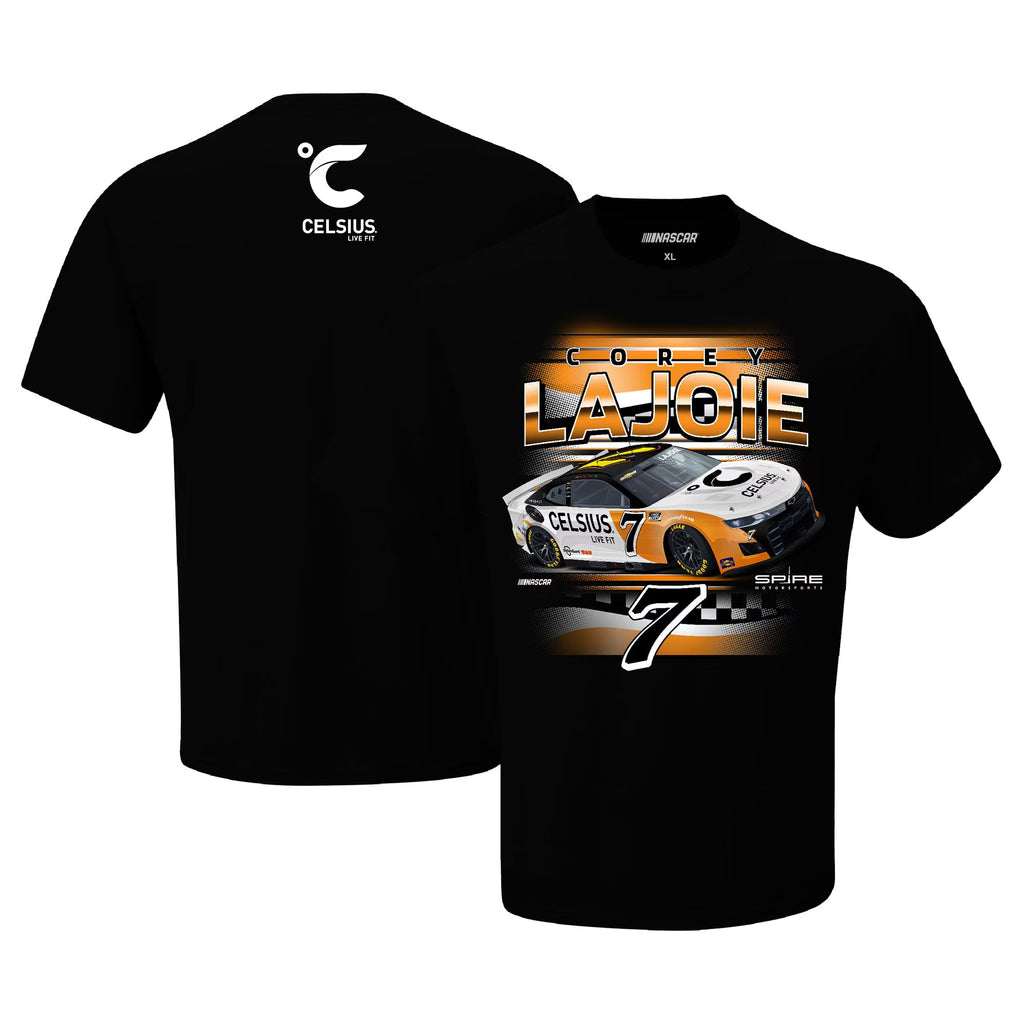 Men's Corey LaJoie Checkered Flag Sports Black Celsius Car T-Shirt