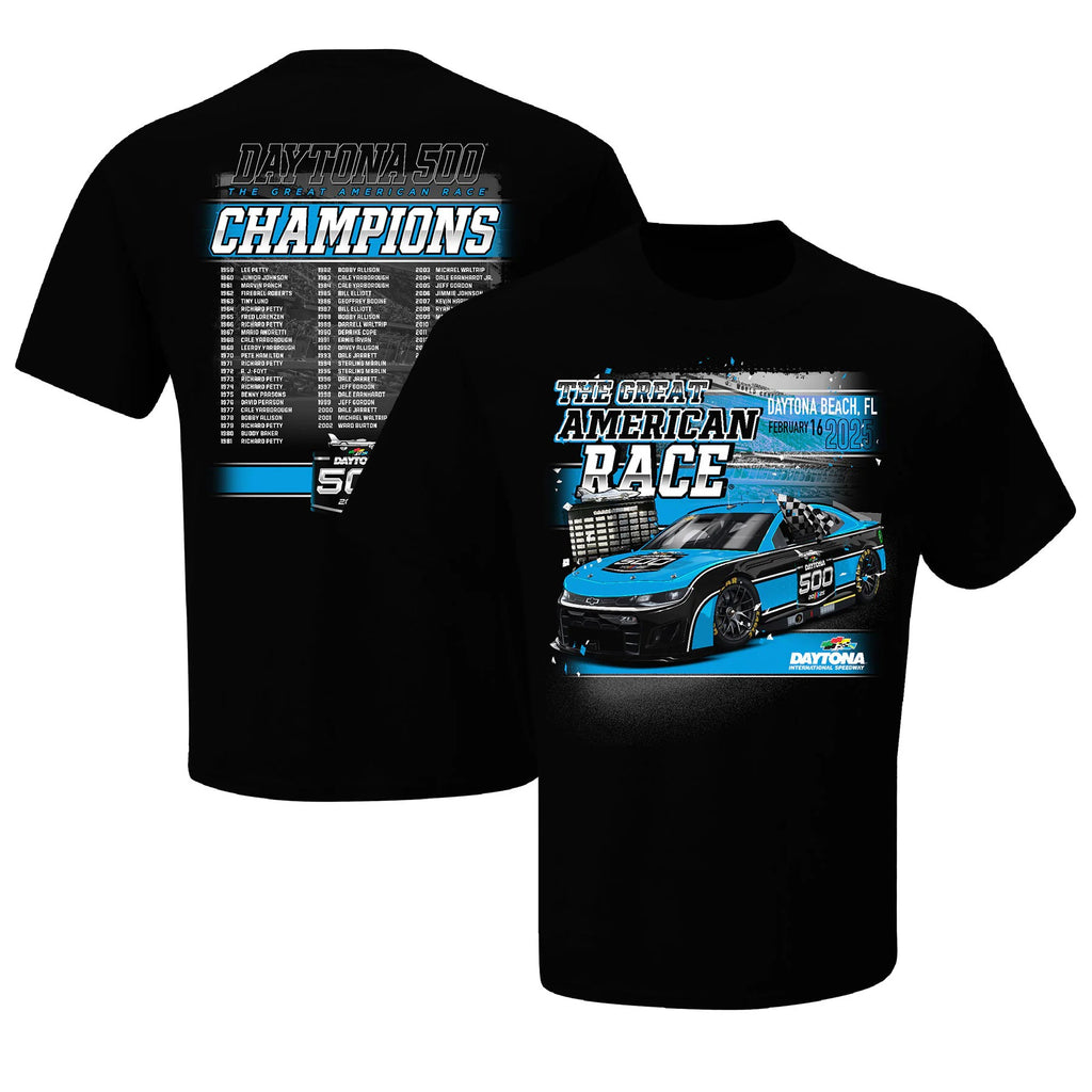 Men's Daytona International Speedway Checkered Flag Sports Black 2025 Daytona 500 Champions T-Shirt