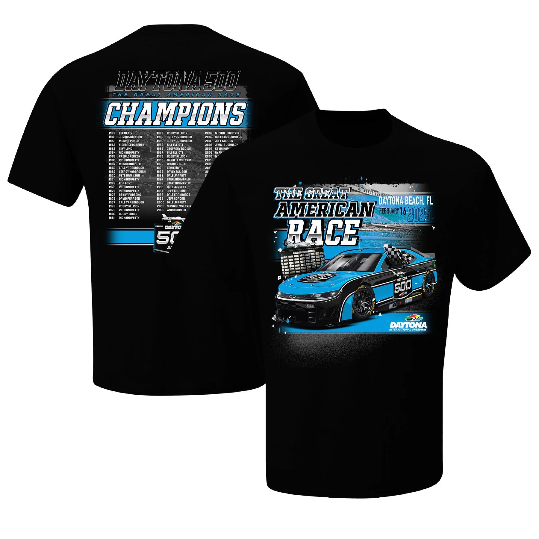 Men's Daytona International Speedway Checkered Flag Sports Black 2025 Daytona 500 Champions T-Shirt