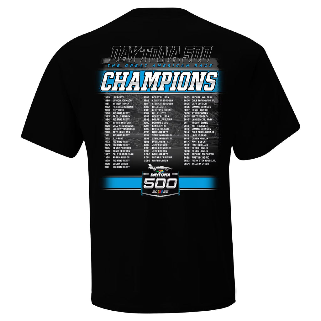 Men's Daytona International Speedway Checkered Flag Sports Black 2025 Daytona 500 Champions T-Shirt