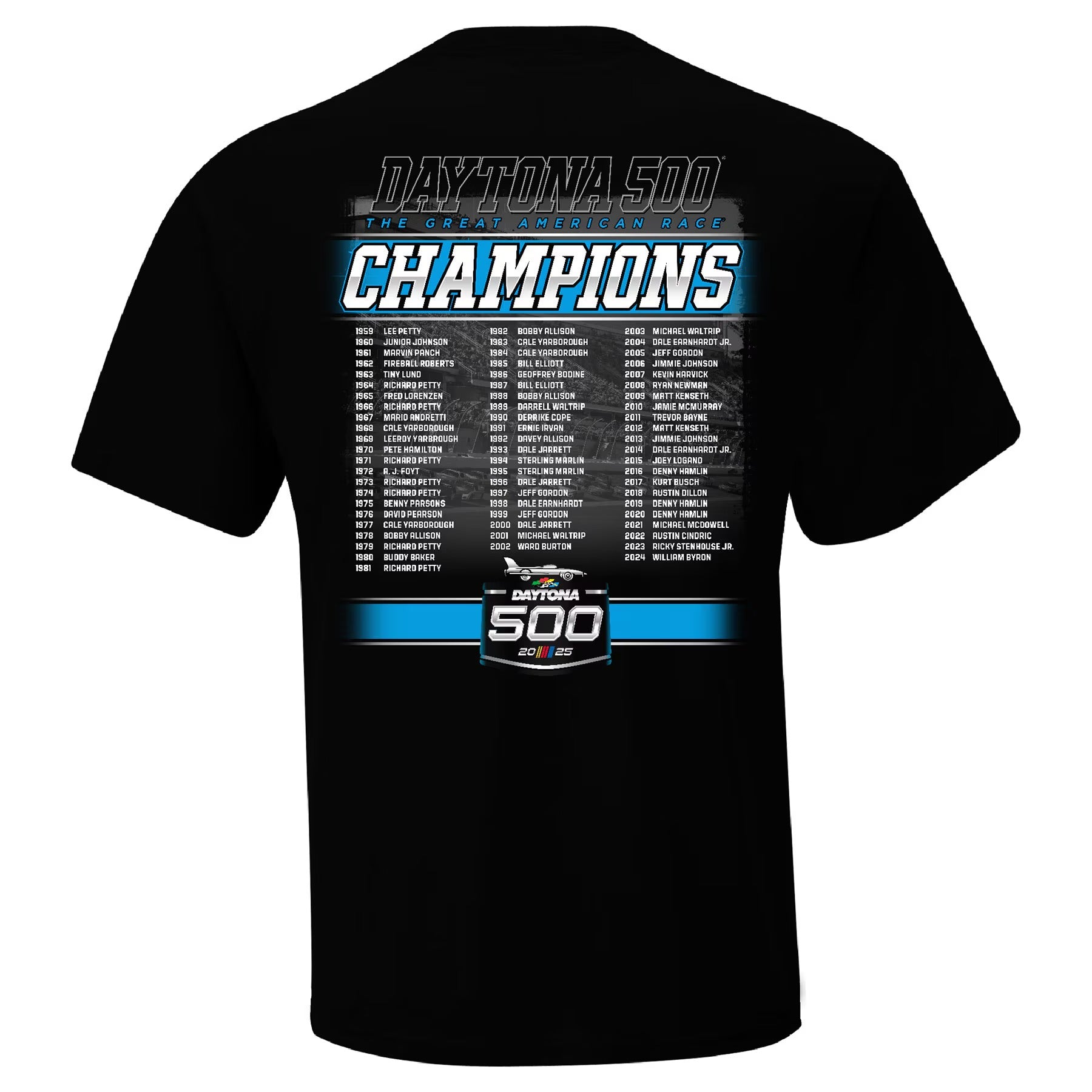 Men's Daytona International Speedway Checkered Flag Sports Black 2025 Daytona 500 Champions T-Shirt