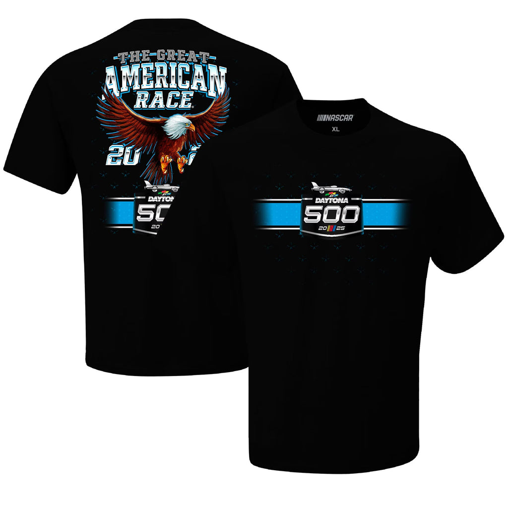 Men's Daytona International Speedway Checkered Flag Sports Black 2025 Daytona 500 Eagle T-Shirt
