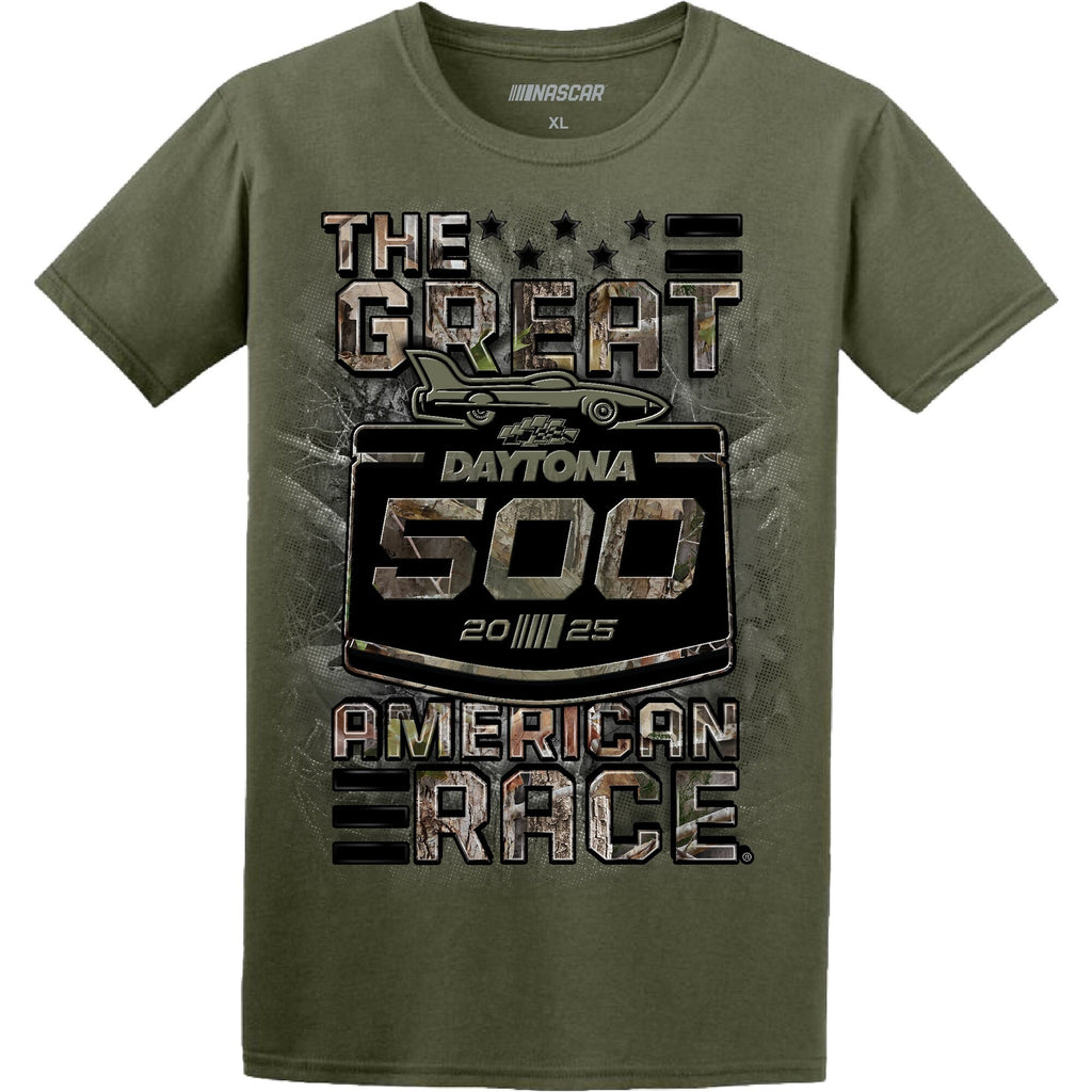 Men's Daytona International Speedway Checkered Flag Sports Green 2025 Daytona 500 TrueTimber Camo T-Shirt