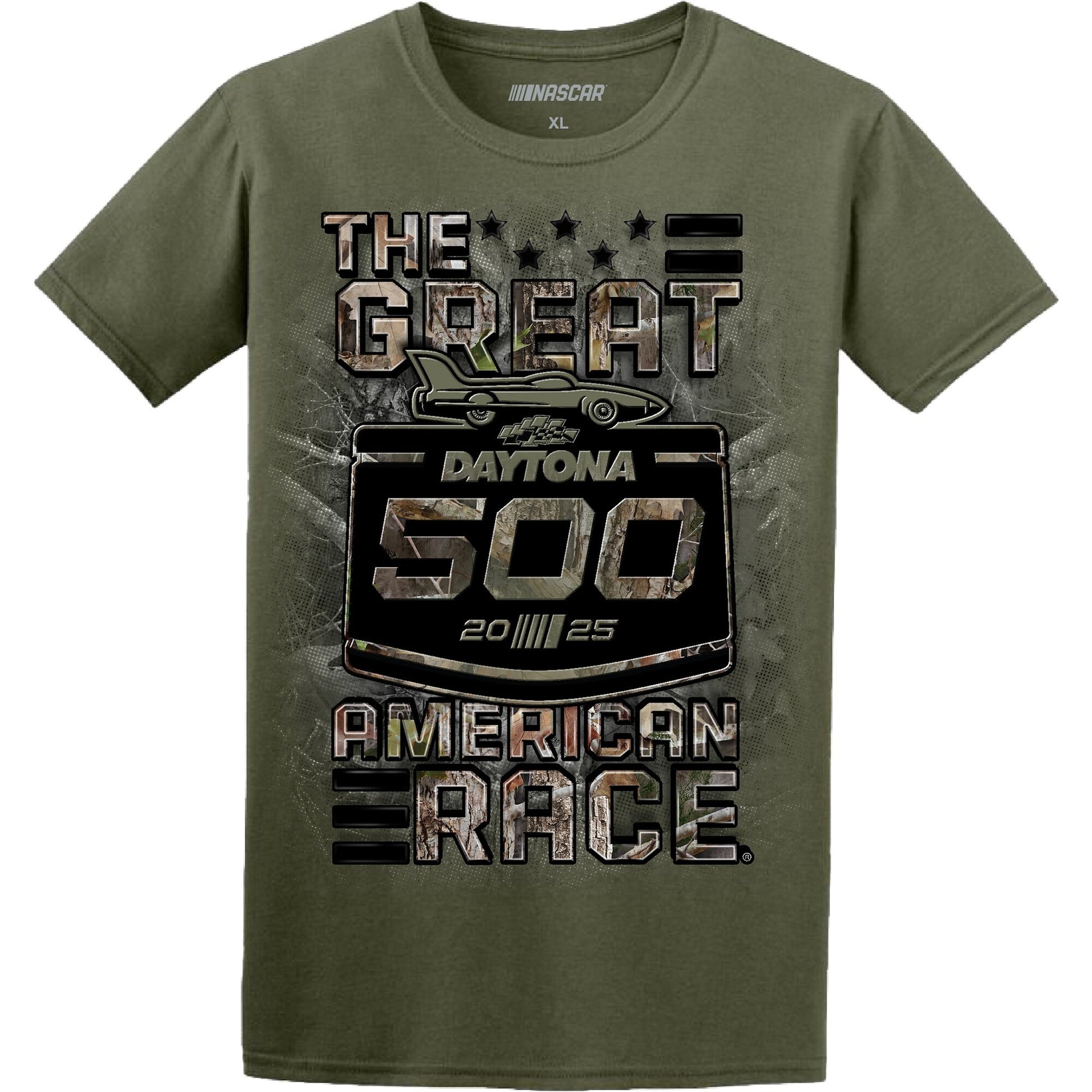 Men's Daytona International Speedway Checkered Flag Sports Green 2025 Daytona 500 TrueTimber Camo T-Shirt