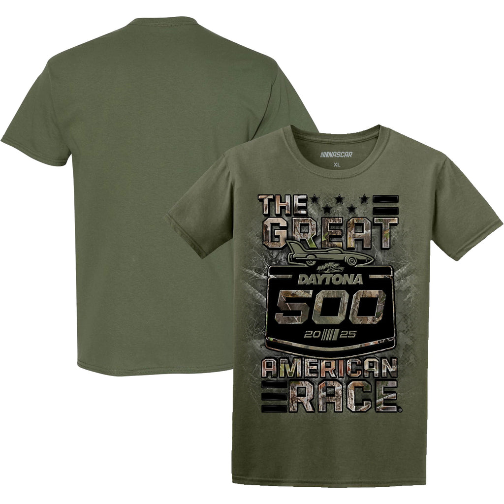 Men's Daytona International Speedway Checkered Flag Sports Green 2025 Daytona 500 TrueTimber Camo T-Shirt