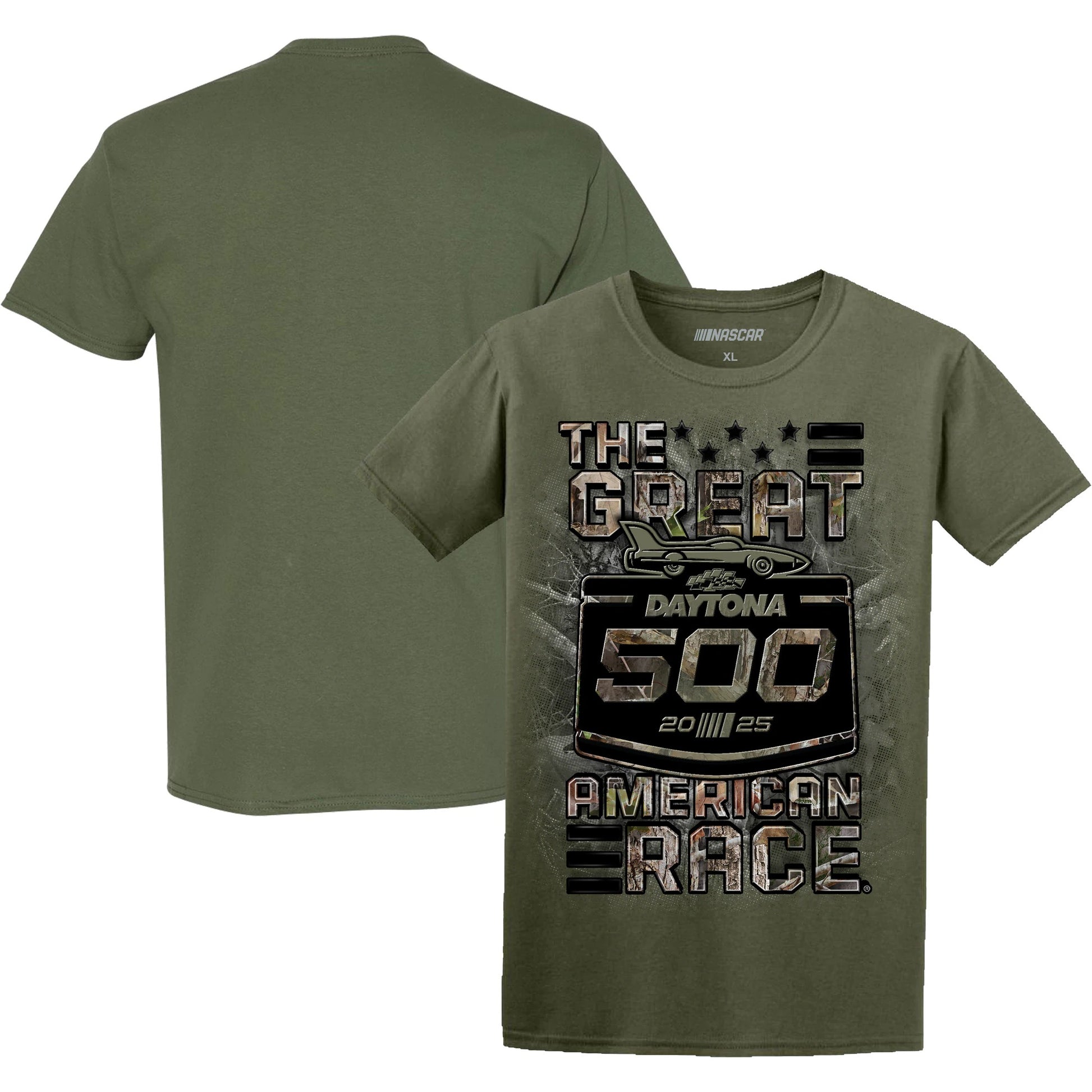 Men's Daytona International Speedway Checkered Flag Sports Green 2025 Daytona 500 TrueTimber Camo T-Shirt