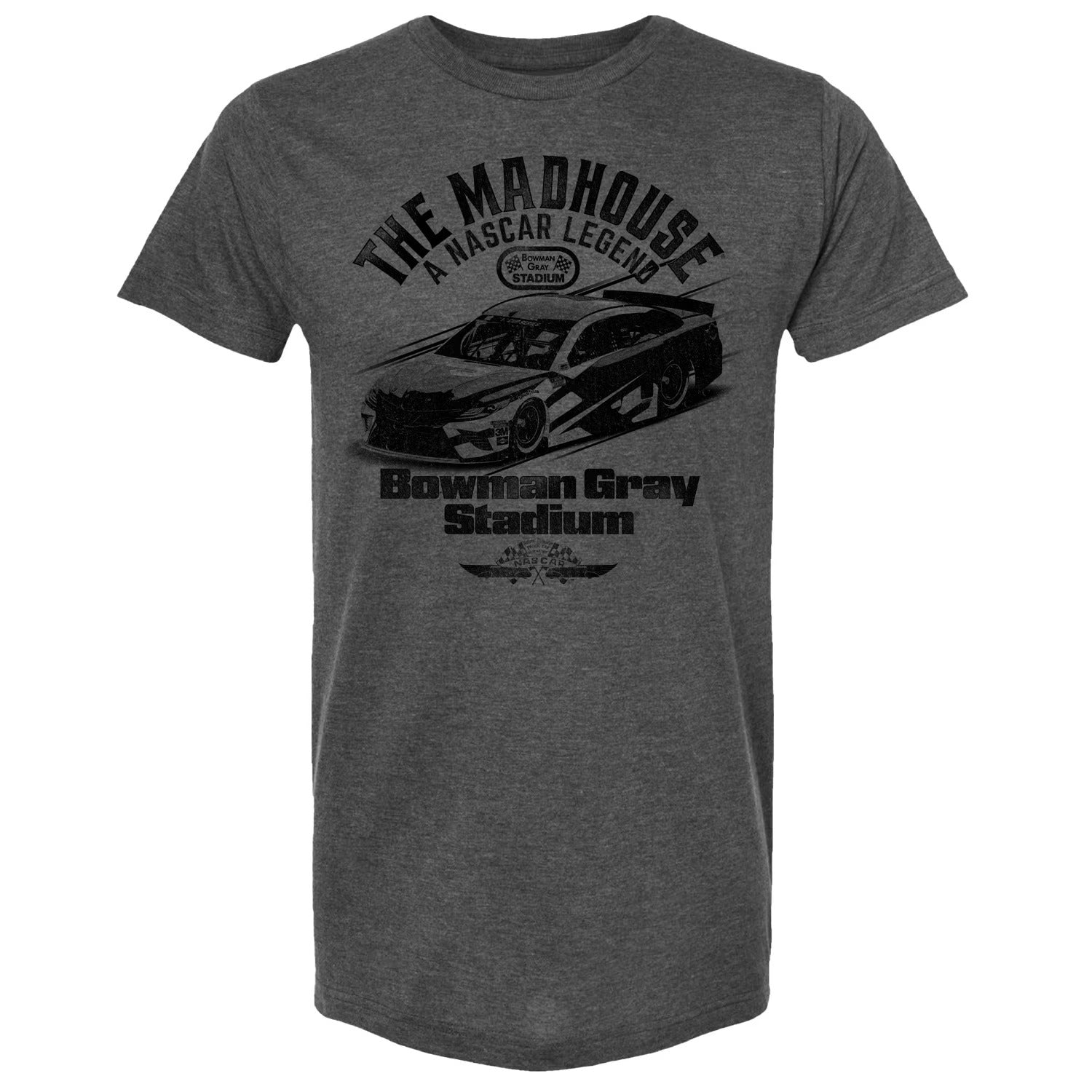 Men's Checkered Flag Sports Heather Charcoal Bowman Gray Stadium Clash Madhouse T-Shirt