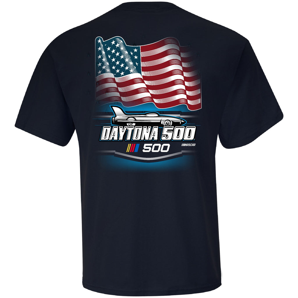 Men's Daytona International Speedway Checkered Flag Sports Navy 2025 Daytona 500 American Flag T-Shirt