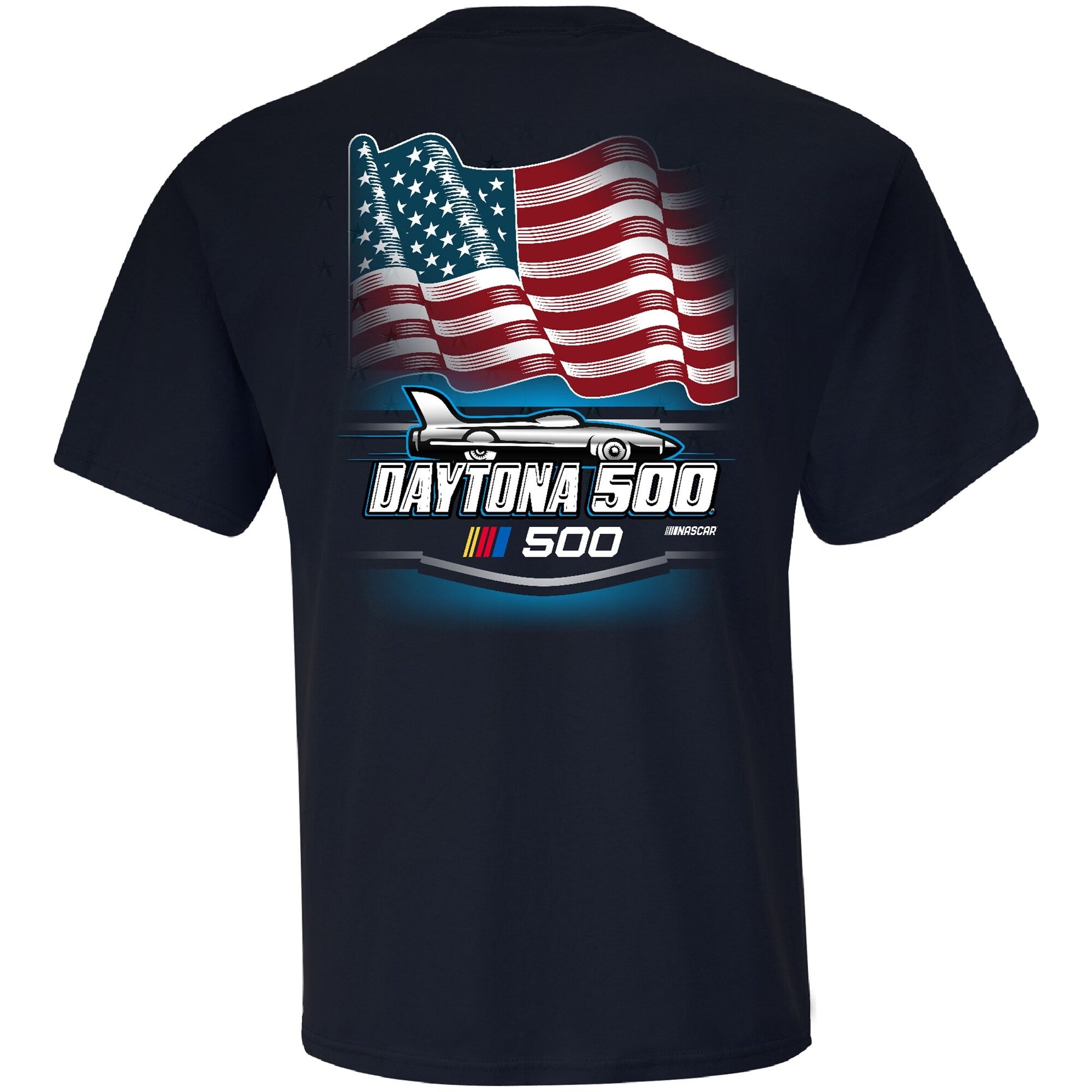 Men's Daytona International Speedway Checkered Flag Sports Navy 2025 Daytona 500 American Flag T-Shirt