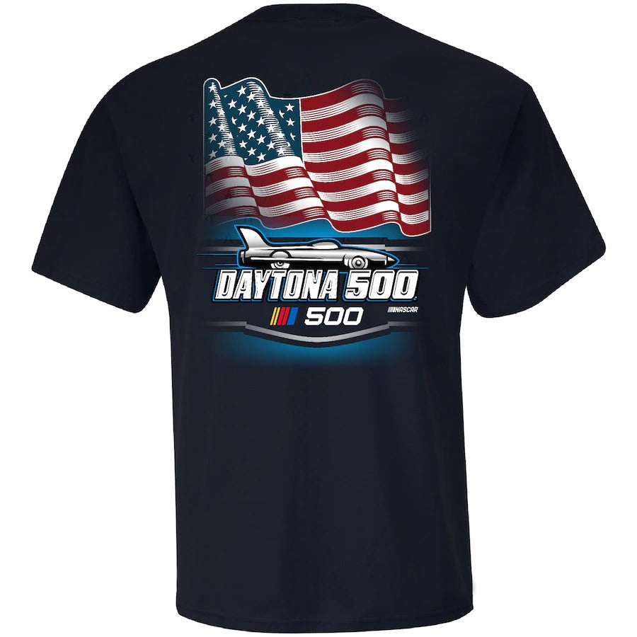 Men's Daytona International Speedway Checkered Flag Sports Navy 2025 Daytona 500 American Flag T-Shirt