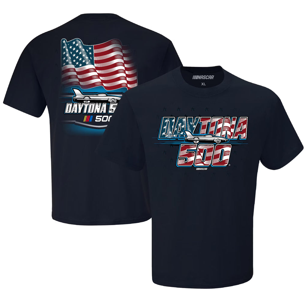 Men's Daytona International Speedway Checkered Flag Sports Navy 2025 Daytona 500 American Flag T-Shirt