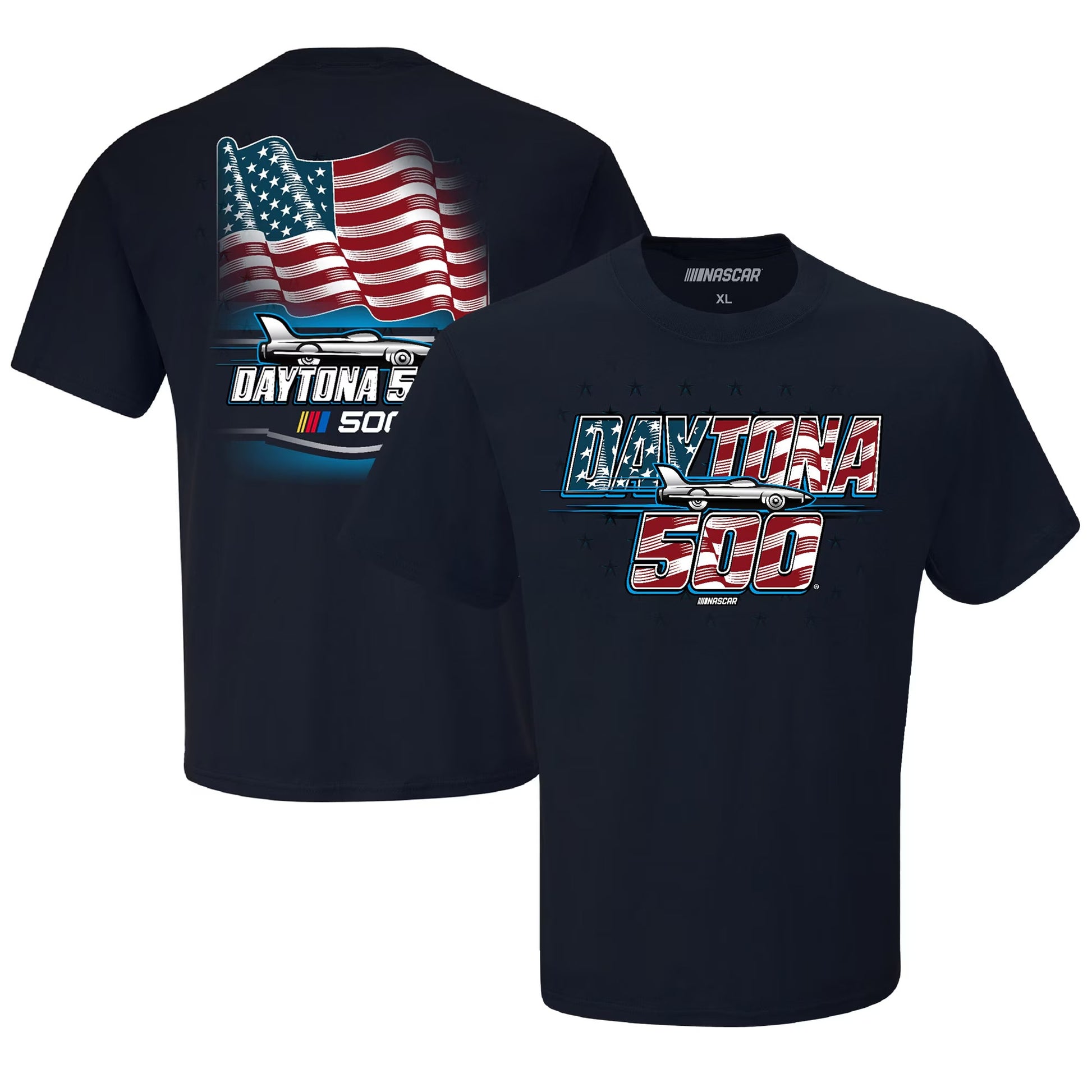 Men's Daytona International Speedway Checkered Flag Sports Navy 2025 Daytona 500 American Flag T-Shirt