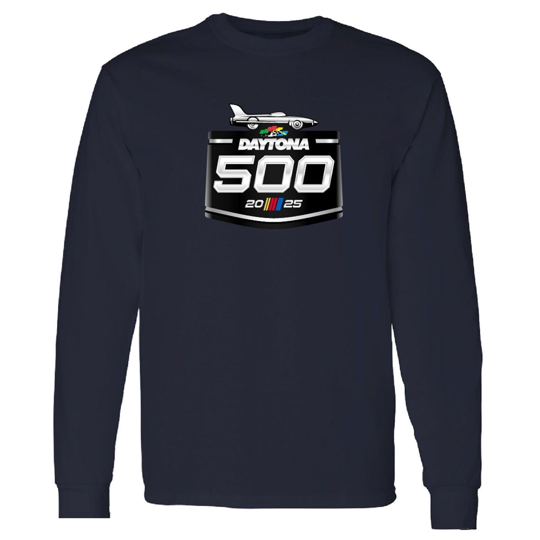 Men's Daytona International Speedway Checkered Flag Sports Navy 2025 Daytona 500 Logo Long Sleeve T-Shirt