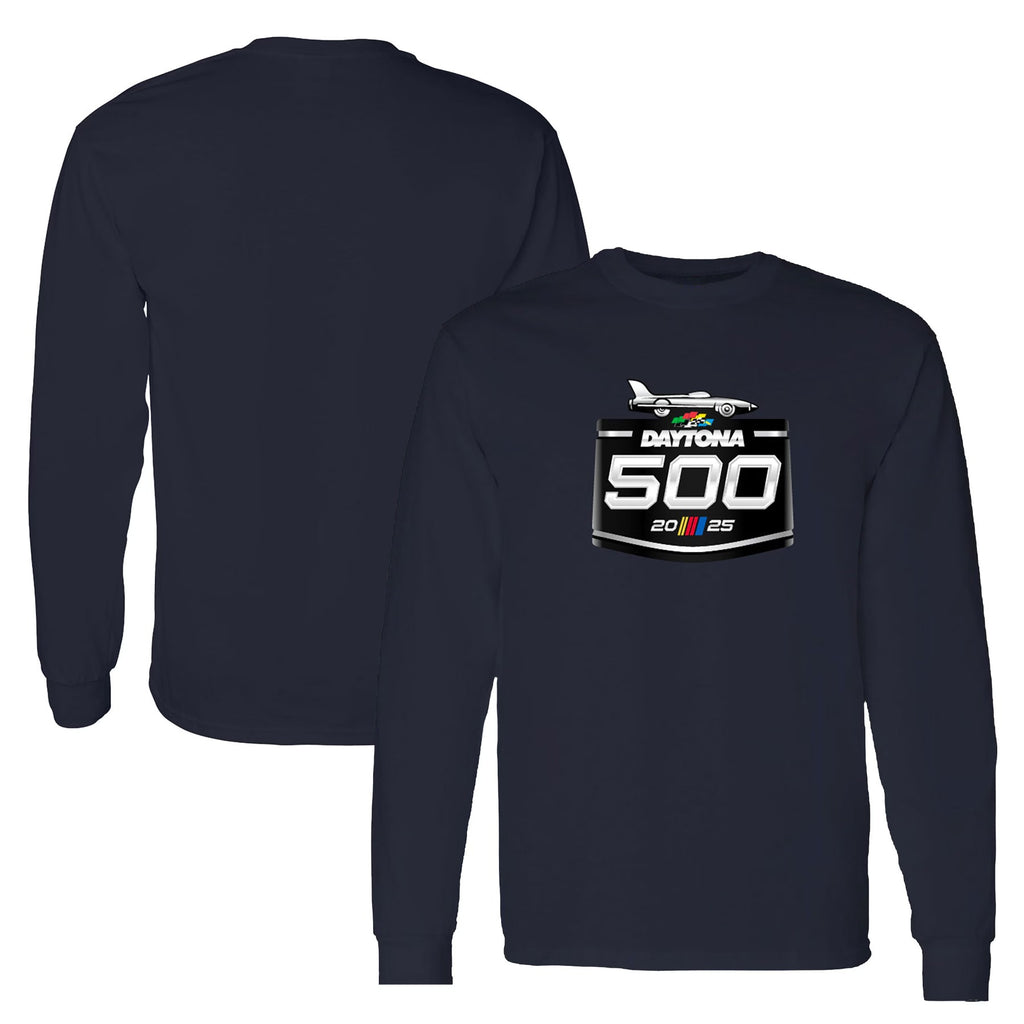 Men's Daytona International Speedway Checkered Flag Sports Navy 2025 Daytona 500 Logo Long Sleeve T-Shirt