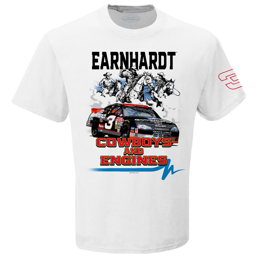 Men's Dale Earnhardt Checkered Flag Sports White Cowboys & Engines T-Shirt