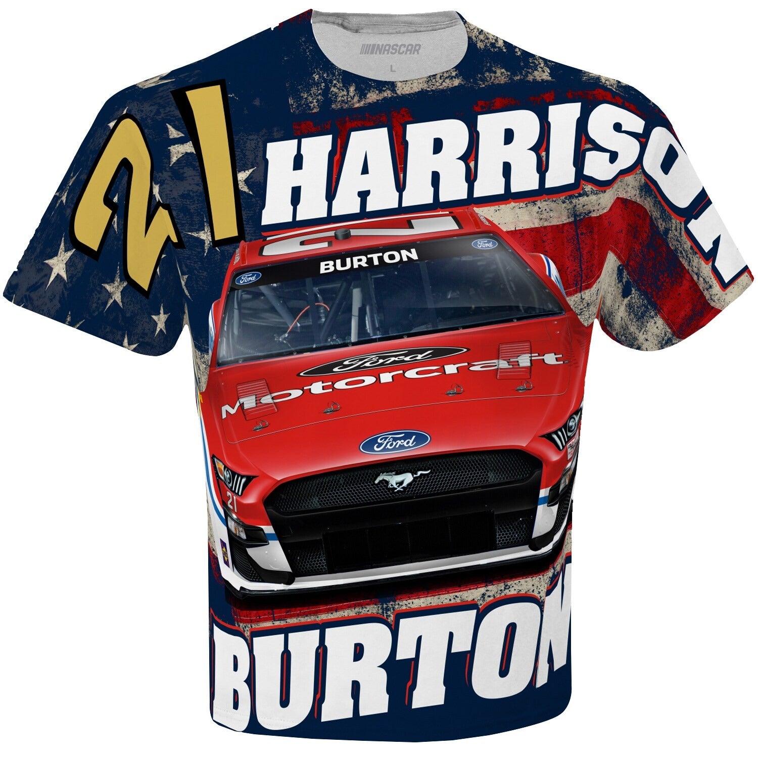 Men's Harrison Burton Checkered Flag White Motorcraft Sublimated Patriotic Total Print T-Shirt