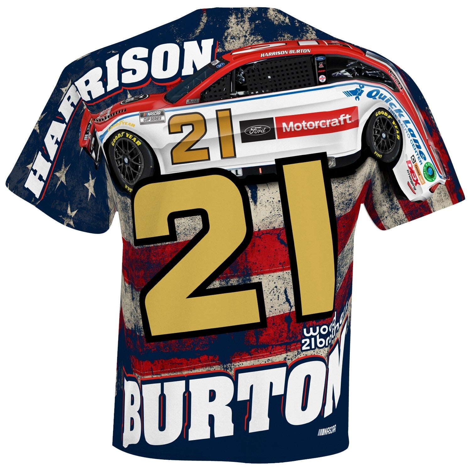 Men's Harrison Burton Checkered Flag White Motorcraft Sublimated Patriotic Total Print T-Shirt