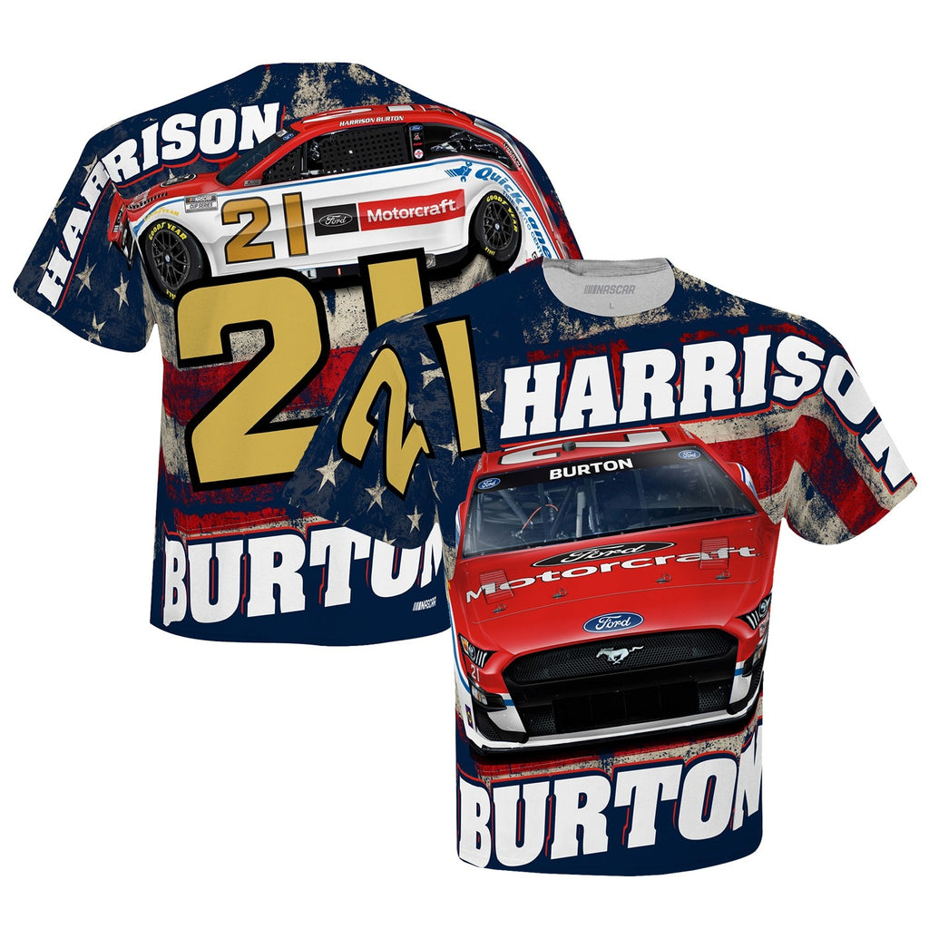 Men's Harrison Burton Checkered Flag White Motorcraft Sublimated Patriotic Total Print T-Shirt