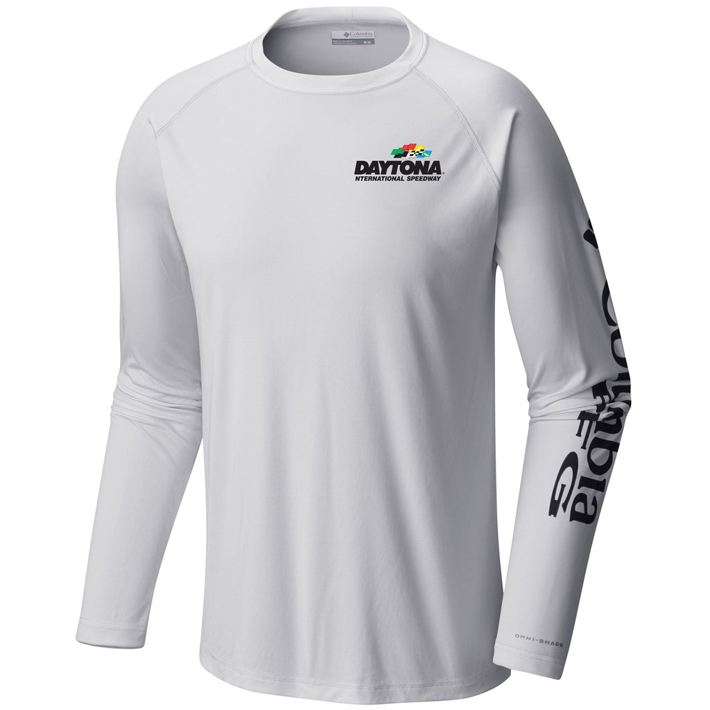 Men's Daytona International Speedway Columbia White Terminal Tackle Omni-Shade Raglan Long Sleeve T-Shirt