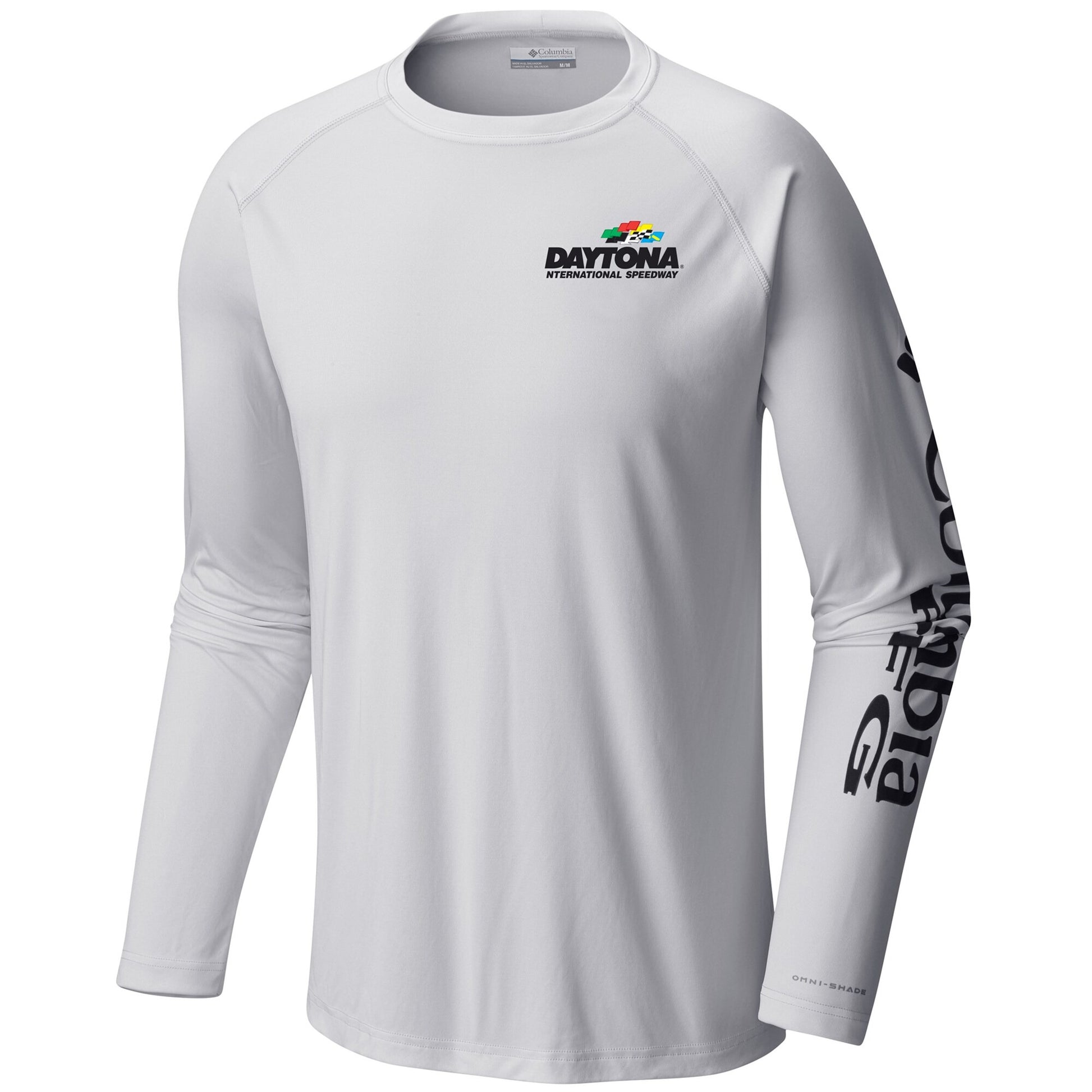 Men's Daytona International Speedway Columbia White Terminal Tackle Omni-Shade Raglan Long Sleeve T-Shirt