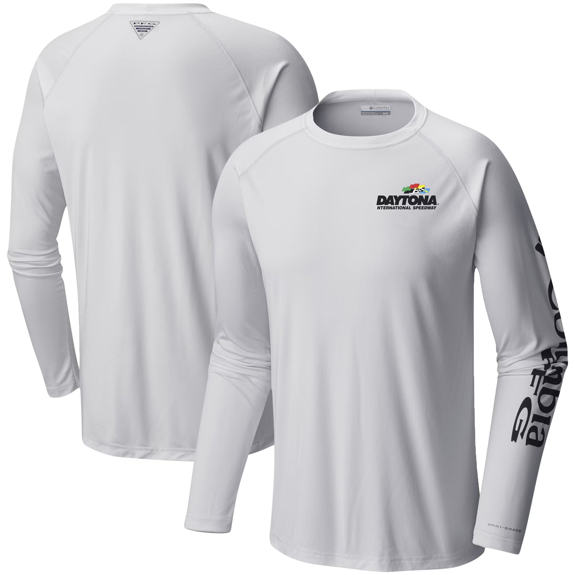 Men's Daytona International Speedway Columbia White Terminal Tackle Omni-Shade Raglan Long Sleeve T-Shirt