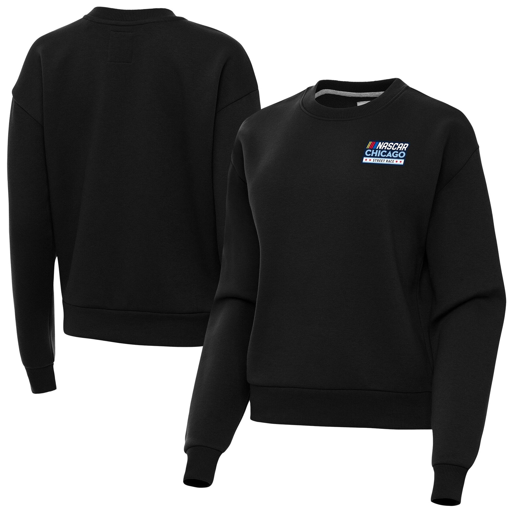 Women's NASCAR Chicago Street Race Antigua Black Victory Crew Neck Pullover Sweatshirt