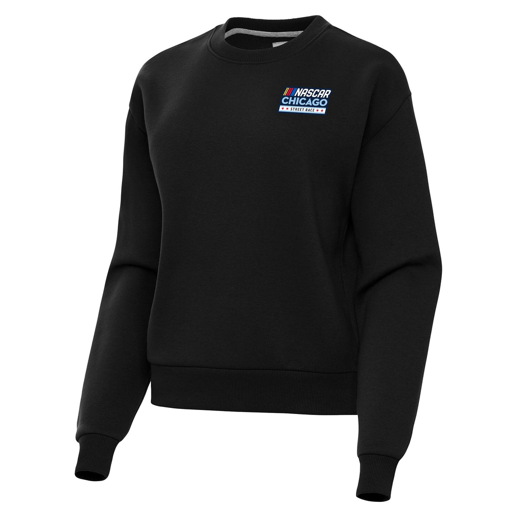 Women's NASCAR Chicago Street Race Antigua Black Victory Crew Neck Pullover Sweatshirt