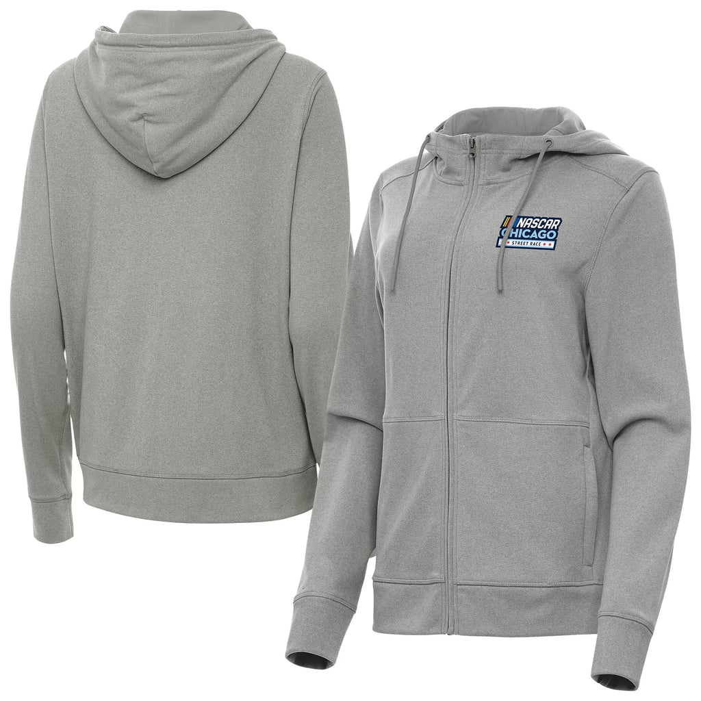 Women's NASCAR Chicago Street Race Antigua Heather Gray Seeker Full-Zip Hoodie Jacket