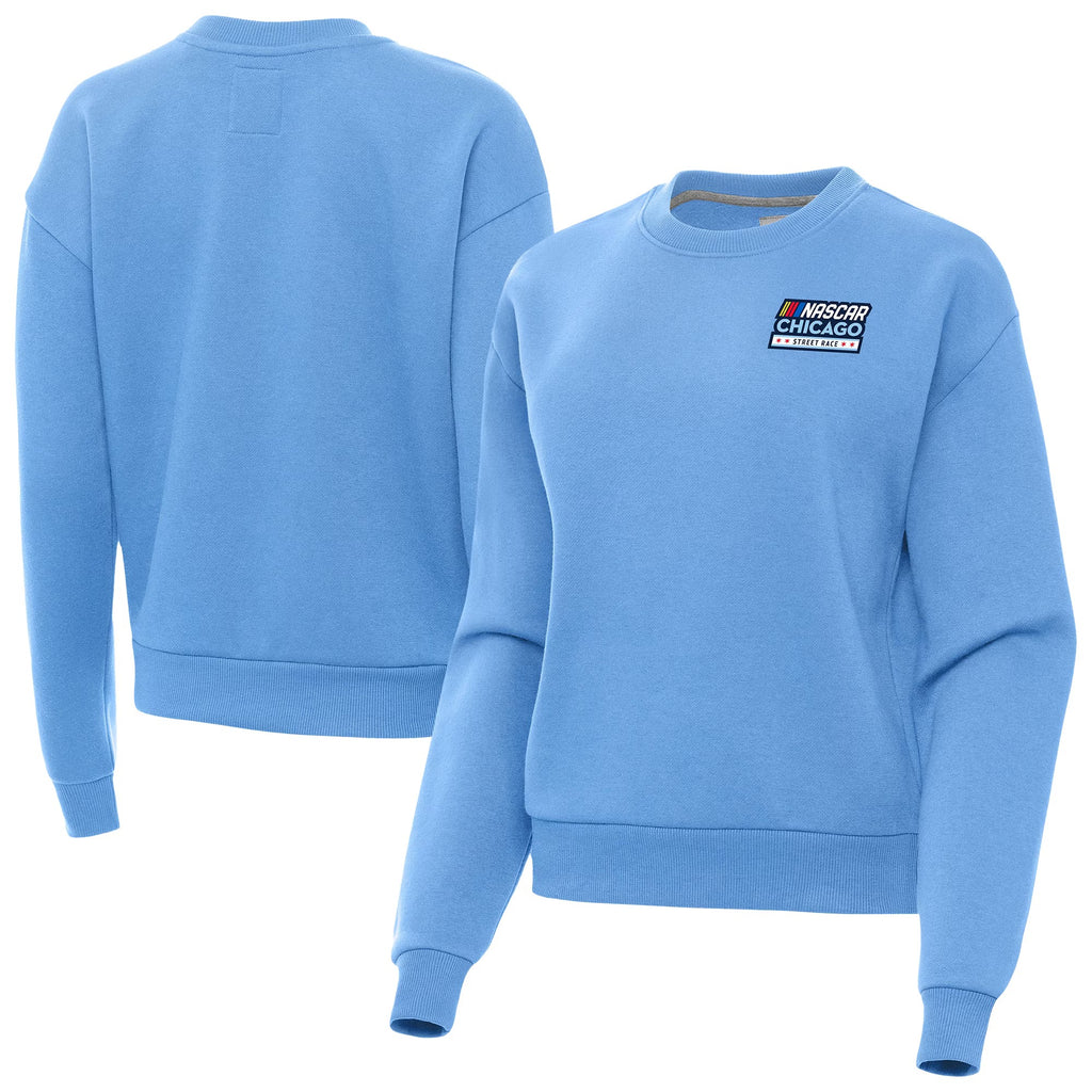 Women's NASCAR Chicago Street Race Antigua Powder Blue Victory Crew Neck Pullover Sweatshirt
