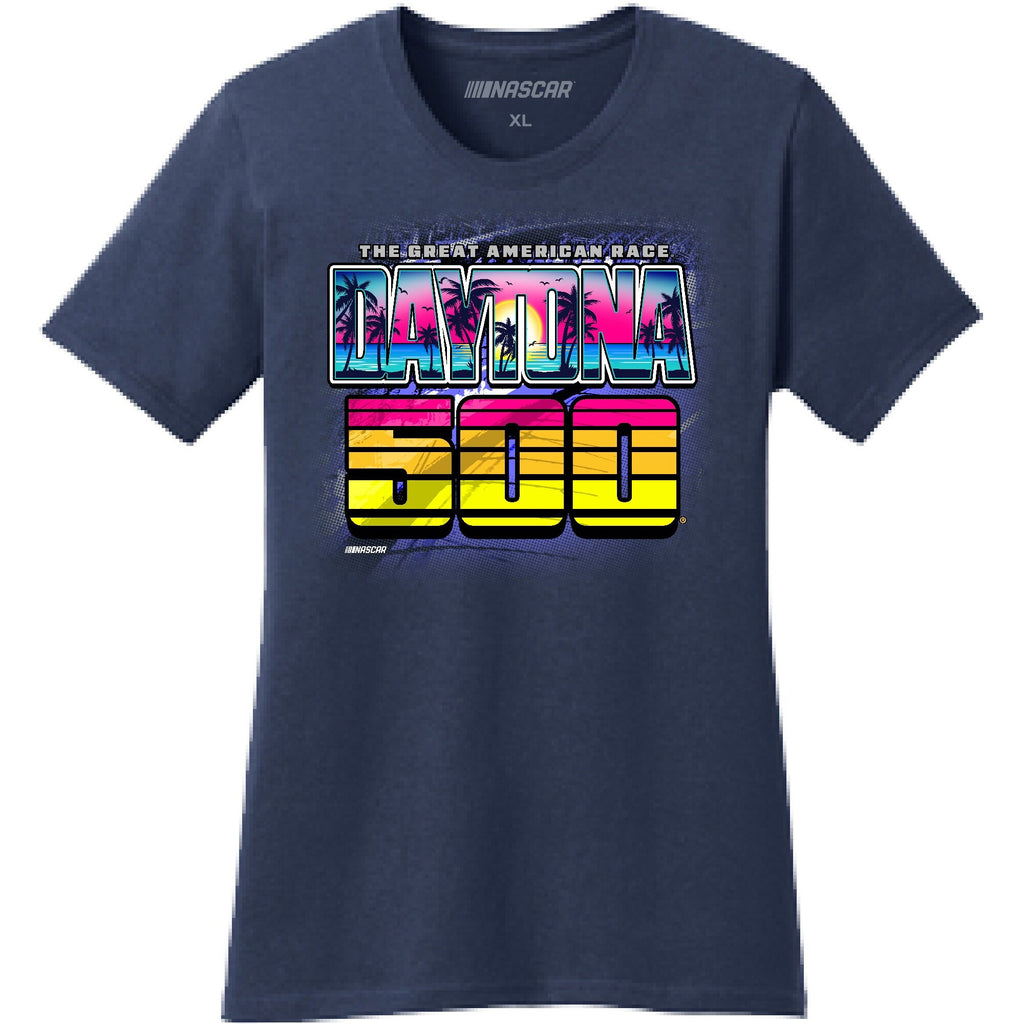 Women's Daytona International Speedway Checkered Flag Sports Navy 2025 Daytona 500 Graphic T-Shirt