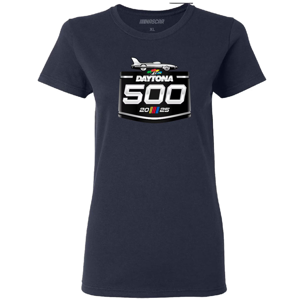 Women's Daytona International Speedway Checkered Flag Sports Navy 2025 Daytona 500 Logo T-Shirt